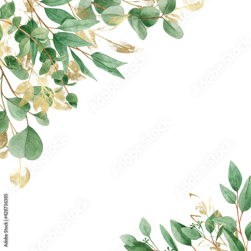 Watercolor border-corner with green foliage eucalyptus and gold leaves.