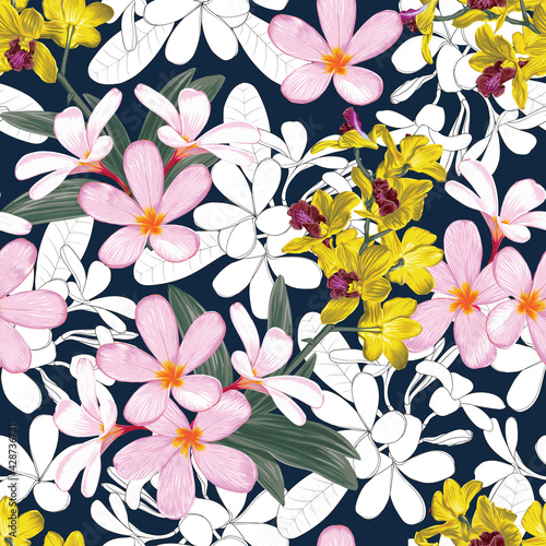 Seamless pattern floral with pink pastel Frangipani and Orchid flowers abstract background.Vector illustration hand drawn line art.for fabric textile print design