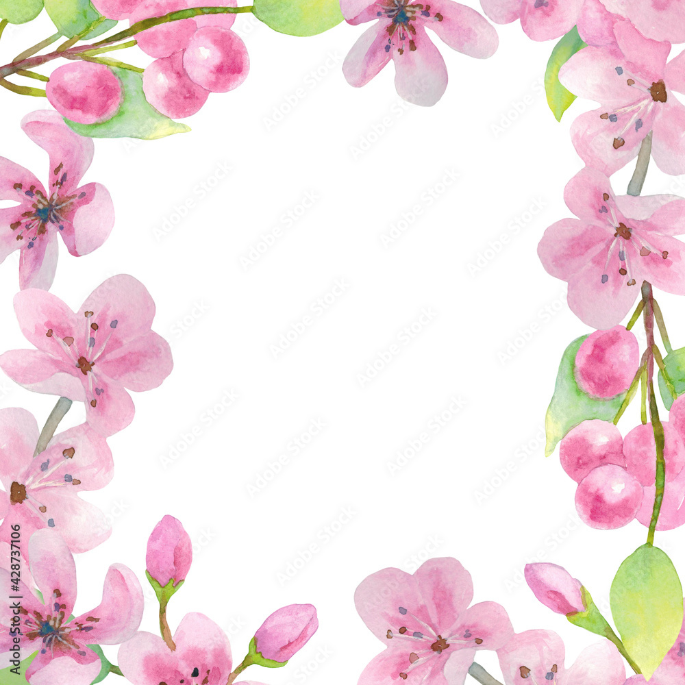 Mother's Day greeting card. Frame with empty place for text. Greeting card with cherry flowers and berries. The illustration is hand-drawn in watercolor. Mother's Day greeting card. Frame with empty place for text. Greeting card with cherry flowers and berries. The illustration is hand-drawn in watercolor.