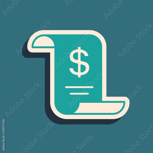 Green Paper or financial check icon isolated on green background. Paper print check, shop receipt or bill. Long shadow style. Vector