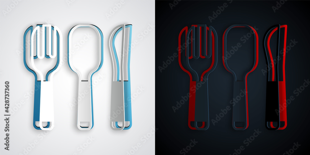 Paper cut Fork, spoon and knife icon isolated on grey and black background. Cooking utensil. Cutlery sign. Paper art style. Vector Paper cut Fork, spoon and knife icon isolated on grey and black background. Cooking utensil. Cutlery sign. Paper art style. Vector
