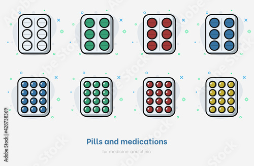 Set of pills. Flat medications collection isolated on white background. Pills set for medicine and clinic. Vector medical capsule drug for healthcare, pharmacy and illnes. Colorful pill vector