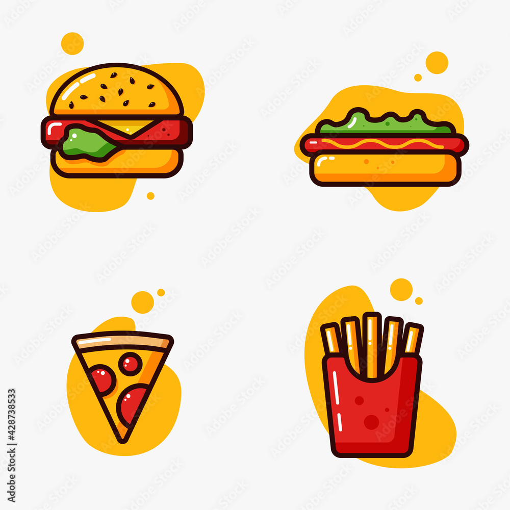 Flat fast food set on yellow background. Vibrant colorful meal vector in flat style. Fastfood vector collection for menu and restaurant. Pizza, burger, hot dog and french fries flat vector set. Icon Flat fast food set on yellow background. Vibrant colorful meal vector in flat style. Fastfood vector collection for menu and restaurant. Pizza, burger, hot dog and french fries flat vector set. Icon
