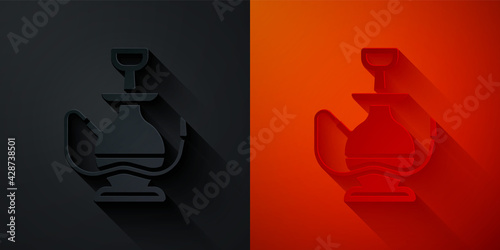 Paper cut Hookah icon isolated on black and red background. Paper art style. Vector