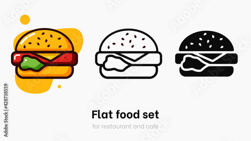 Burger flat vector illustration set. Burger vector for restaurant  dinner and italian menu. Bright colorful Hamburger on yellow background with vibrant and bright colors. Burger vector logo collection