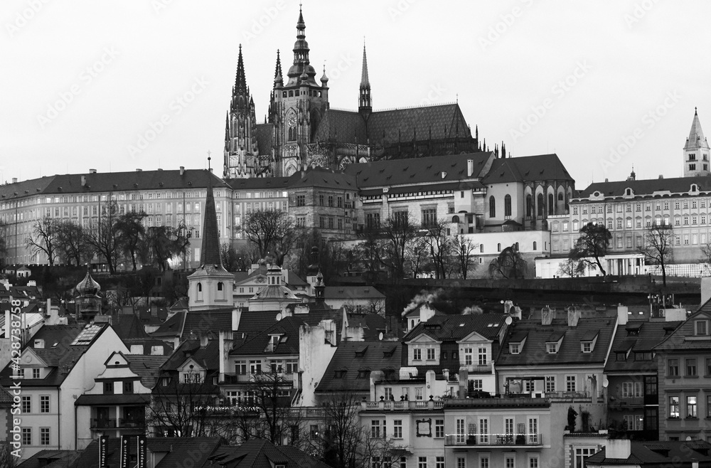 View from the Charles bridge to Prague castle. Black and white photo
