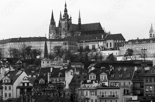 View from the Charles bridge to Prague castle. Black and white photo © yarm_sasha