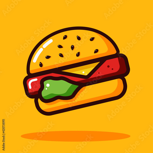 Burger flat vector illustration. Burger vector for restaurant, dinner and american menu. Bright colorful Hamburger on yellow background with vibrant and bright colors. Burger vector logo template
