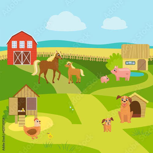 Farm. Vector illustration in cartoon style. Pets, cubs, house. Large set