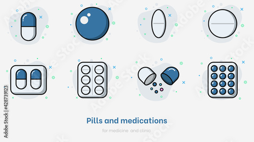 Set of pills. Flat medications collection isolated on white background. Pills set for medicine and clinic. Vector medical capsule drug for healthcare, pharmacy and illnes. Colorful pill vector