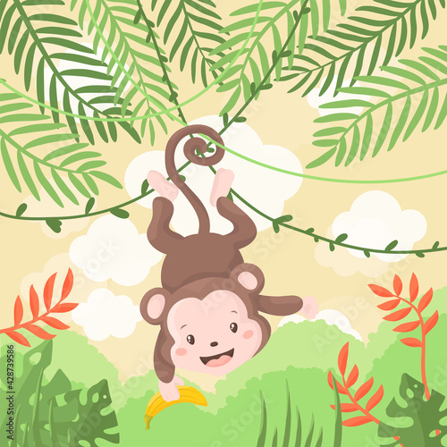 Illustration of a hanging baby monkey and a beautiful nature