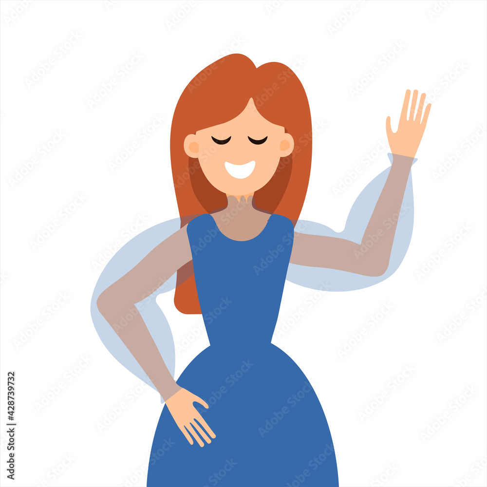 Young woman greets and waves. Human interaction concept. Vector flat style illustration, isolated, white background. A girl with long hair and a smile. Positive and cartoon style Young woman greets and waves. Human interaction concept. Vector flat style illustration, isolated, white background. A girl with long hair and a smile. Positive and cartoon style