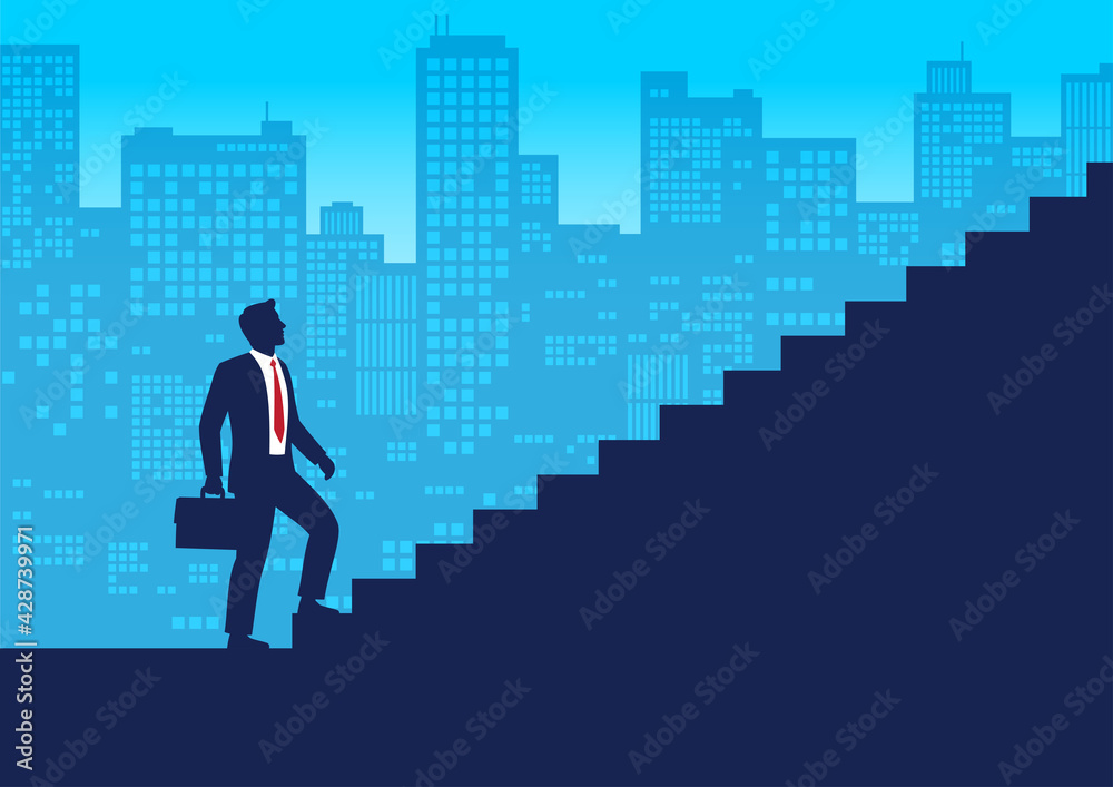 Silhouette businessman start walking up stairway first step, Climbing staircases for development, Business journey concept growth and the path to future success, Flat design vector illustration Silhouette businessman start walking up stairway first step, Climbing staircases for development, Business journey concept growth and the path to future success, Flat design vector illustration