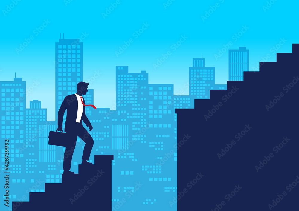 Silhouette businessman climbing up staircases and stop in front of chasm, Gap on stairway, Business concept of challenge problem solving and overcoming obstacles, Flat design vector illustration Silhouette businessman climbing up staircases and stop in front of chasm, Gap on stairway, Business concept of challenge problem solving and overcoming obstacles, Flat design vector illustration