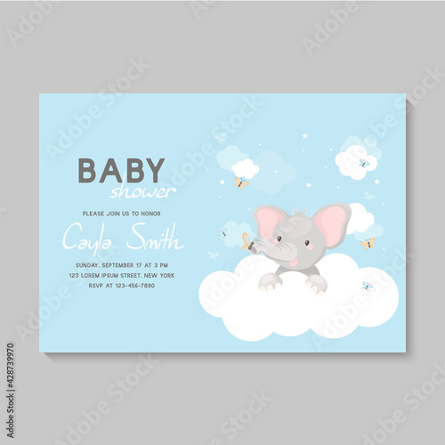 Cute little elephant on the cloud. Baby shower vector illustration.