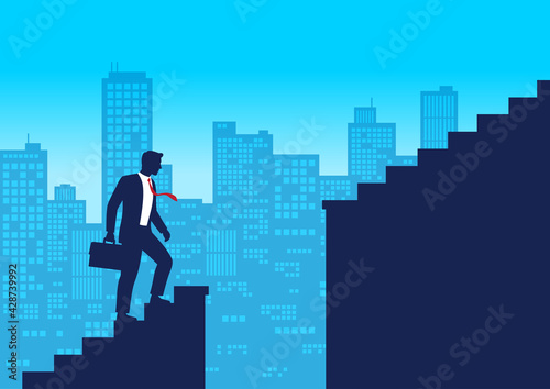 Fototapeta Naklejka Na Ścianę i Meble -  Silhouette businessman climbing up staircases and stop in front of chasm, Gap on stairway, Business concept of challenge problem solving and overcoming obstacles, Flat design vector illustration