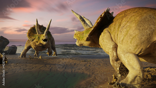 Triceratops horridus dinosaur at the ocean © dottedyeti