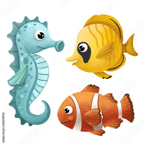 seahorse and coral fish drawn in a children's cartoon style