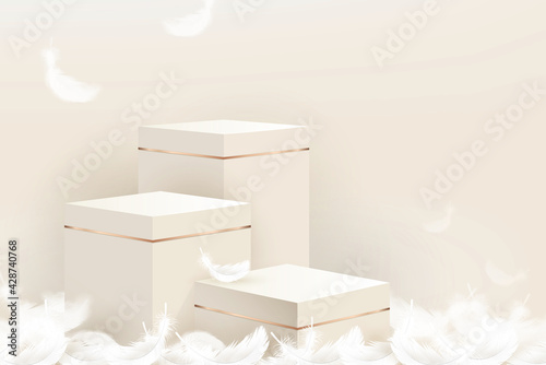 3D step podium mockup with feathers on beige color background for cosmetic and product display, vector illustration