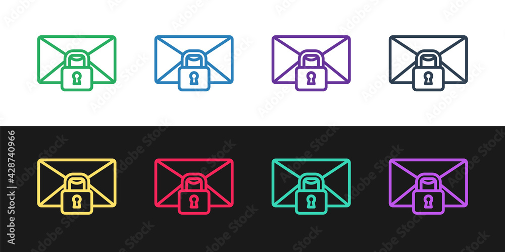 Set line Mail message lock password icon isolated on black and white background. Envelope with padlock. Private, security, secure, protection, privacy. Vector Set line Mail message lock password icon isolated on black and white background. Envelope with padlock. Private, security, secure, protection, privacy. Vector