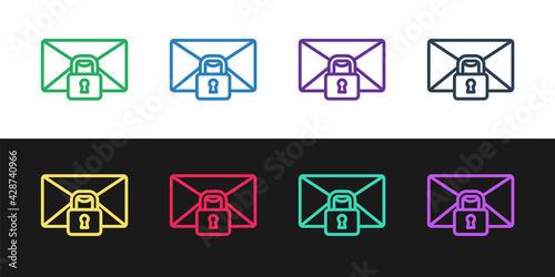 Set line Mail message lock password icon isolated on black and white background. Envelope with padlock. Private, security, secure, protection, privacy. Vector