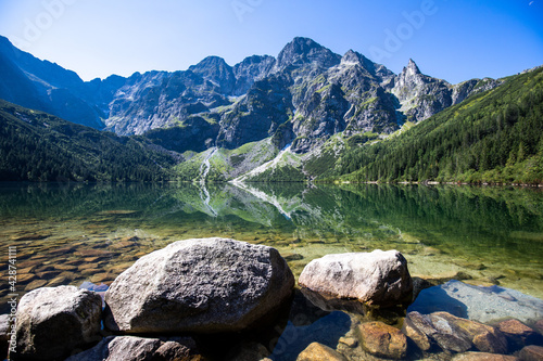 A landscape of a crystal clear lake in the mountains