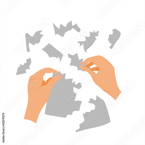 Hands tearing paper into small pieces. Vector illustration in flat style.