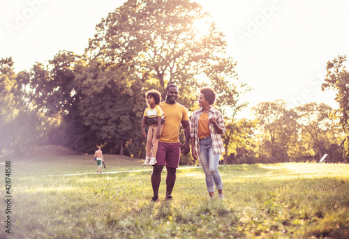  African American family having fun in the park.