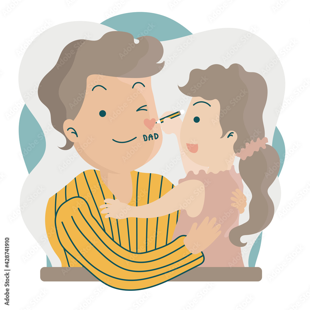 Father's day cute character flat design cartoon banner, pastel color, a father holding his child in arms Father's day cute character flat design cartoon banner, pastel color, a father holding his child in arms