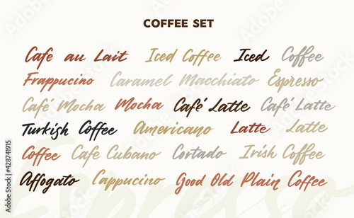 Calligraphy lettering of names of coffee drinks, vector set.