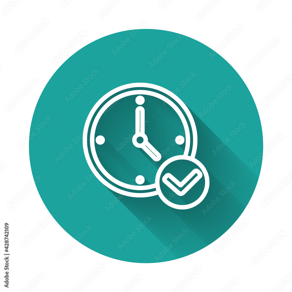 White line Clock icon isolated with long shadow. Time symbol. Green circle button. Vector White line Clock icon isolated with long shadow. Time symbol. Green circle button. Vector