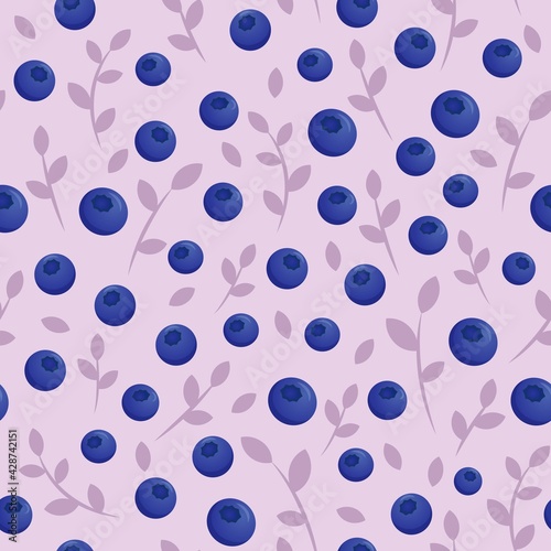 Seamless pattern of blueberries, violet leaves on light lilac background Stock illustration for web, print, wallpaper, background, textile, wrapping paper, scrapbooking