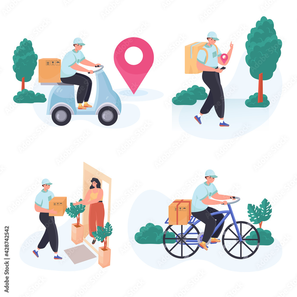 Delivery service concept scenes set. Courier on moped or bicycle delivers parcels, delivery order at home, shipping. Collection of people activities. Vector illustration of characters in flat design