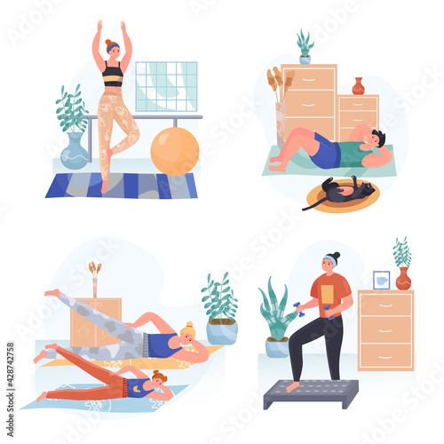 Fitness concept scenes set. Women doing aerobics or yoga asanas, family exercising, man training. Workout at home. Collection of people activities. Vector illustration of characters in flat design