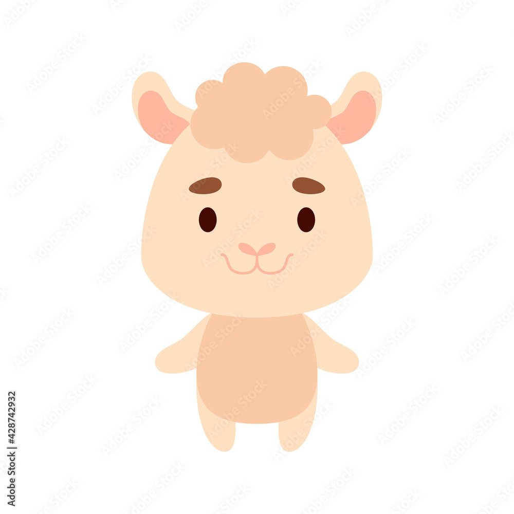 Cute little alpaca on white background. Cartoon animal character for kids cards, baby shower, birthday invitation, house interior. Bright colored childish vector illustration.