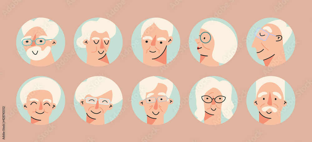 Senior people avatar big bundle set. Older user pic, different human mature face icons. Collection of grandparent avatars isolated. Bundle of joyful smiling pensioners Senior people avatar big bundle set. Older user pic, different human mature face icons. Collection of grandparent avatars isolated. Bundle of joyful smiling pensioners