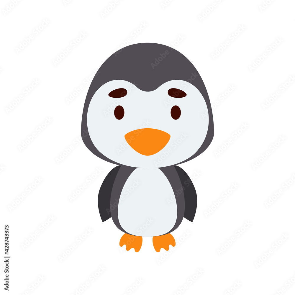 Fototapeta premium Cute little penguin on white background. Cartoon animal character for kids cards, baby shower, birthday invitation, house interior. Bright colored childish vector illustration.