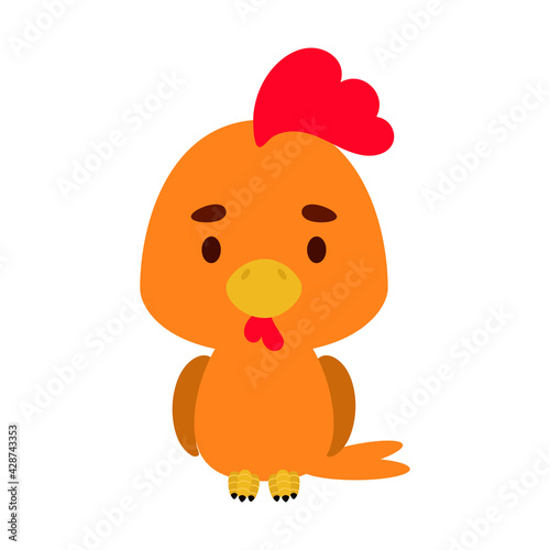 Cute little chicken on white background. Cartoon animal character for kids cards  baby shower  birthday invitation  house interior. Bright colored childish vector illustration.