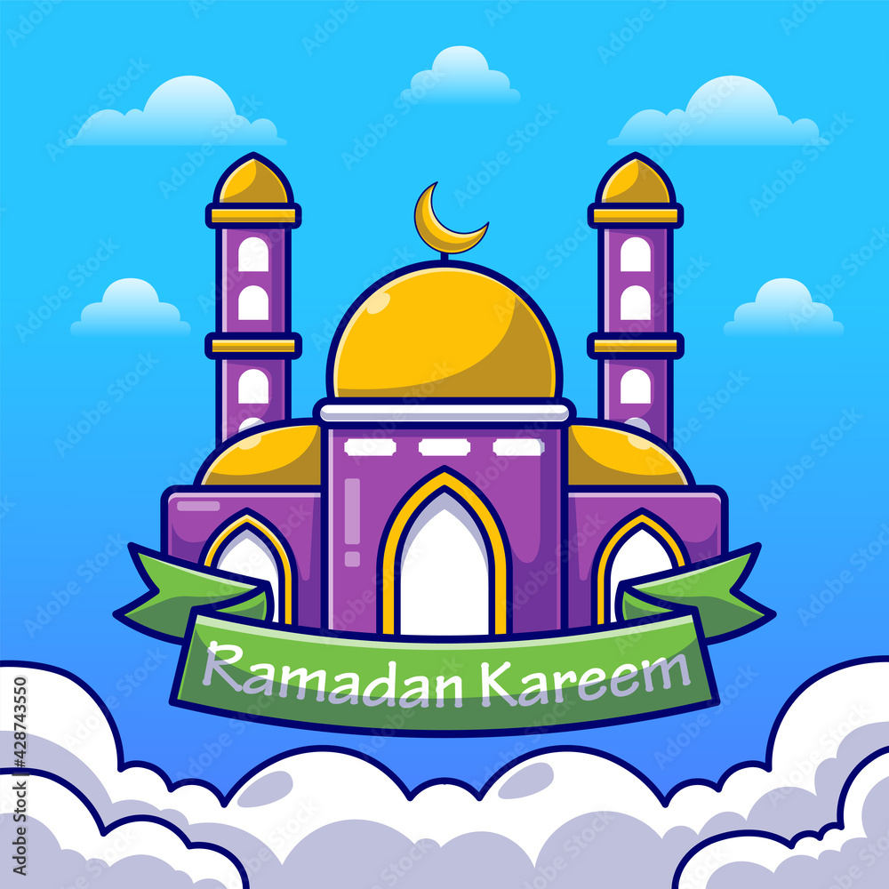 Ramadan Kareem with mosque and moon banner flat illustration. Ramadan Greeting card concept flat cartoon style