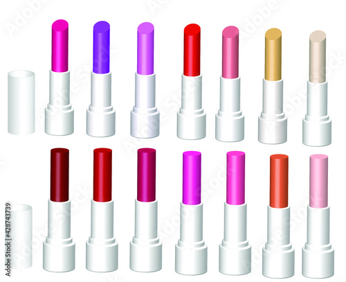 Set of mockup lipsticks isolated.Cosmetic for beauty.Red, pink, purple, nude, cream, orange and white.Realistic white blank lip balm stick with cap.