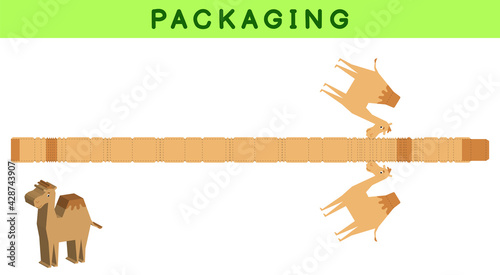 Party favor box die cut camel design for sweets, candies, small presents, bakery. Package template, great design for any purposes, birthdays, baby showers, pinata. Vector stock illustration.