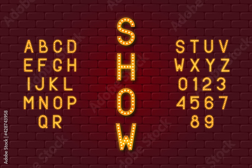 Light bulb retro alphabet with red frame and gold lamps light. Vintage font with glowing 3d letters and numbers in Broadway show style. Vector illustration.