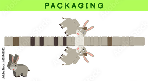 Party favor box die cut donkey design for sweets, candies, small presents, bakery. Package template, great design for any purposes, birthdays, baby showers, pinata. Vector stock illustration.