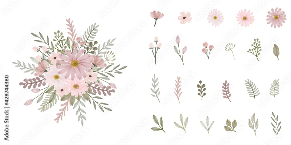 Set. Arrangement of pink flower and leaves. Collection: leaves, twigs, flower bud, leaf compositions, pink wreath. Vector design