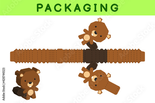 Party favor box die cut beaver design for sweets, candies, small presents, bakery. Package template, great design for any purposes, birthdays, baby showers, pinata. Vector stock illustration.