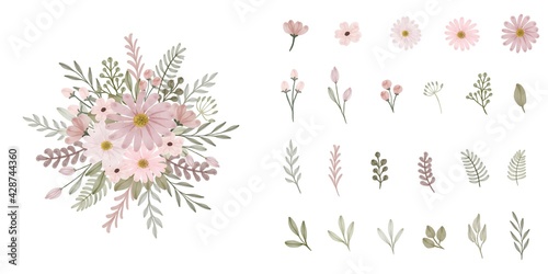 Set. Arrangement of pink flower and leaves. Collection: leaves, twigs, flower bud, leaf compositions, pink wreath. Vector design