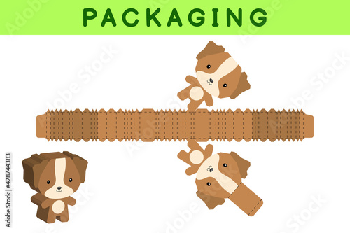 Party favor box die cut dog design for sweets, candies, small presents, bakery. Package template, great design for any purposes, birthdays, baby showers, pinata. Vector stock illustration.