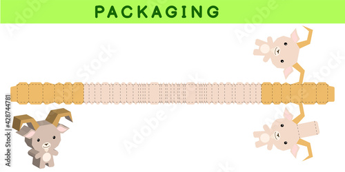 Party favor box die cut goat design for sweets, candies, small presents, bakery. Package template, great design for any purposes, birthdays, baby showers, pinata. Vector stock illustration.