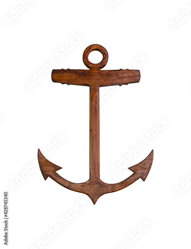 Fényképezés Old wooden nautical anchor isolated on white