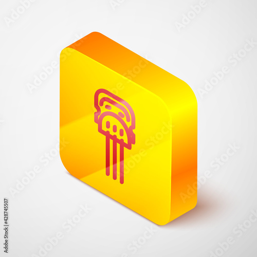 Isometric line Flamenco woman accessories icon isolated on grey background. Peineta. Spanish comb. Yellow square button. Vector photo